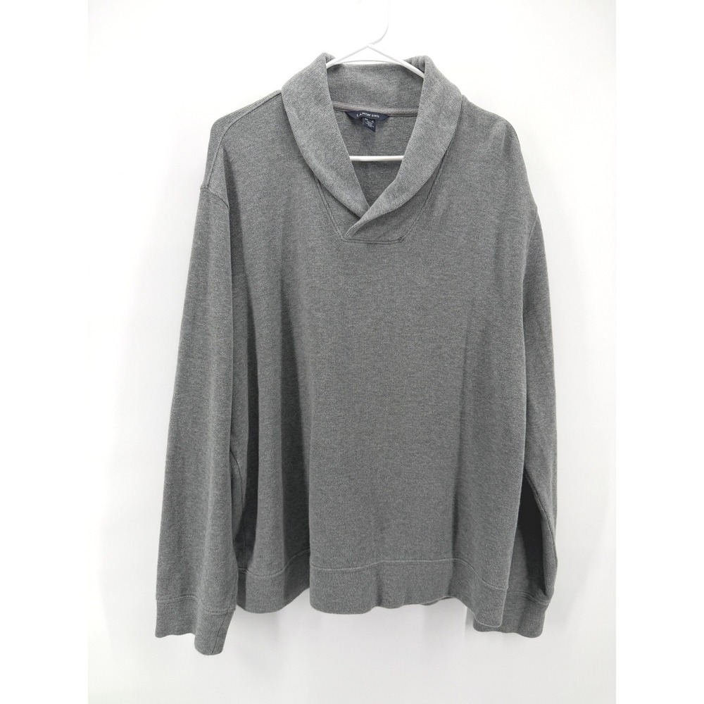 Lands End Shawl Neck Sweater Gray Professor Preppy Cotton Knit Pullover Men XL